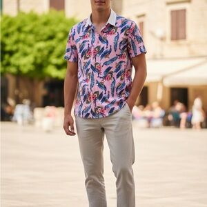 SSLR Mens Peacock Button Down Slim Fit Short Sleeve Casual Shirt XL